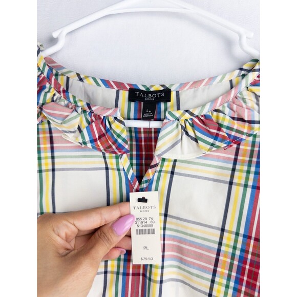 NWT $80 Talbots Blouse Womens LP Plaid V‎ Neck Ruffle Tunic Nylon Blend - Picture 3 of 8